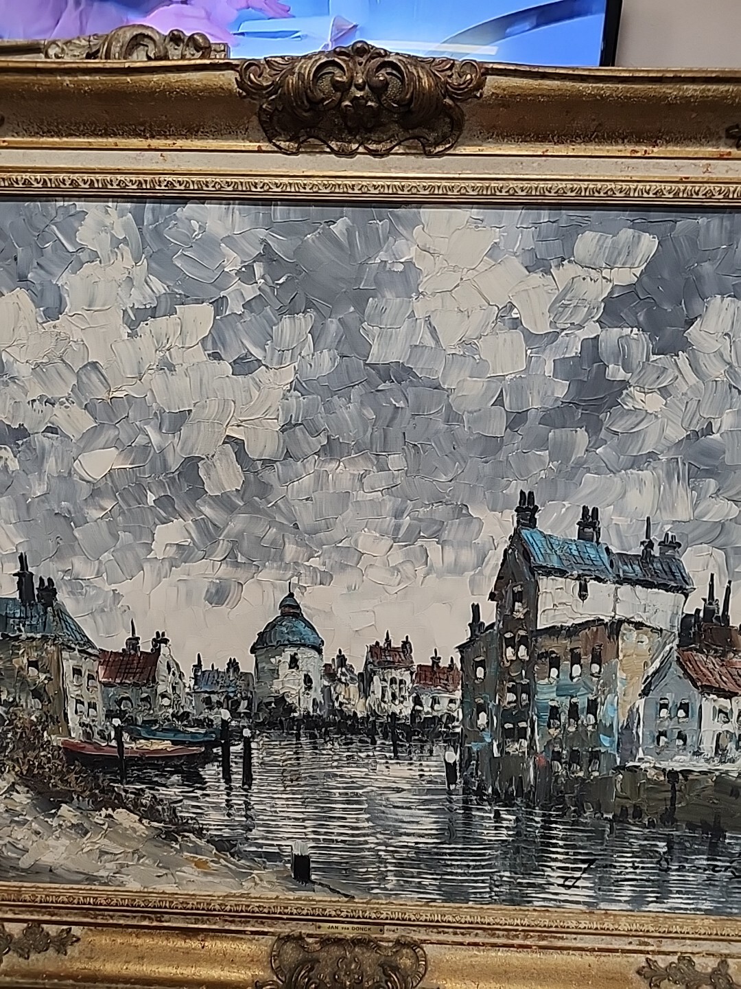 Jan Van Donck Dutch Impressionist Harbor View Large Old Oil Painting