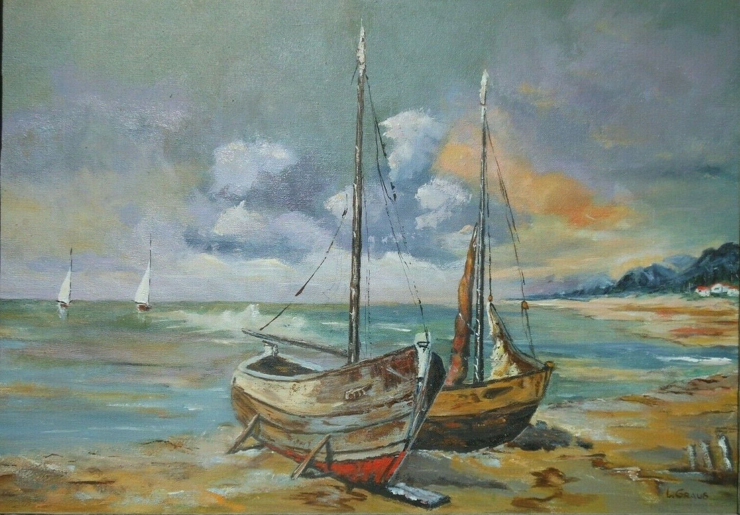 Vintage Impressionist Seascape Oil Painting L Graus 18″ x 24″ Boats