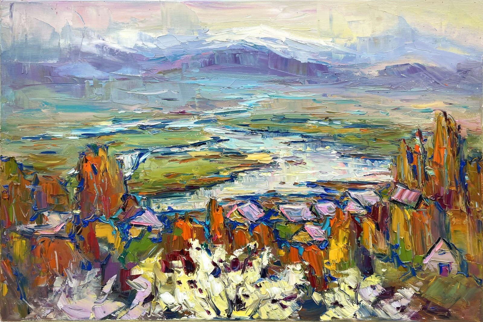 River Mountains Original painting Impressionism Oil on canvas by E Chernyakovsky
