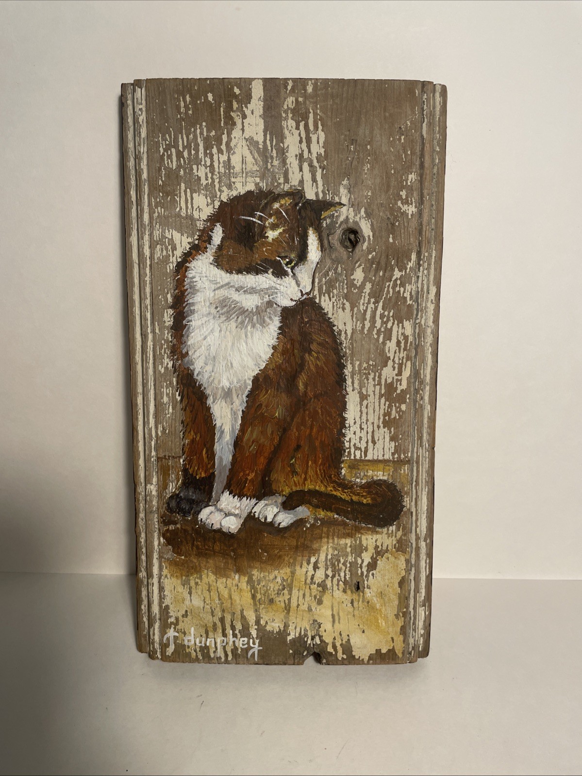 Charming Cat Painting on Rustic Reclaimed Barn Board – Farmhouse Folk Art Signed
