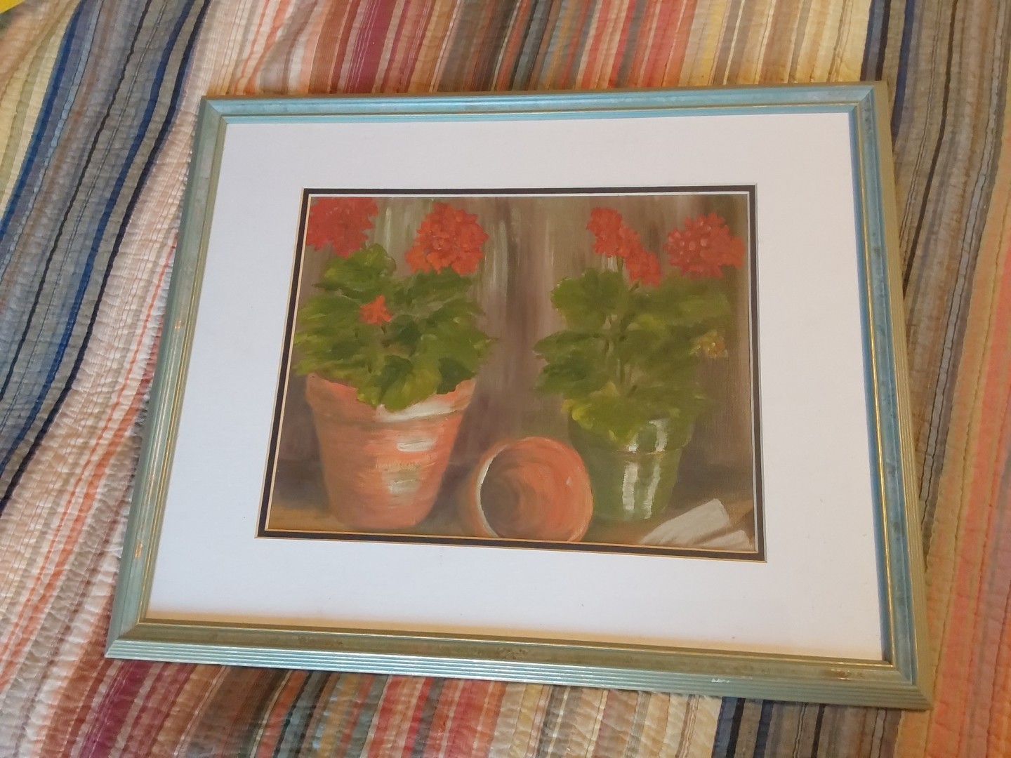 Original RED GERANIUMS Oil Painting Floral Still Life GC
