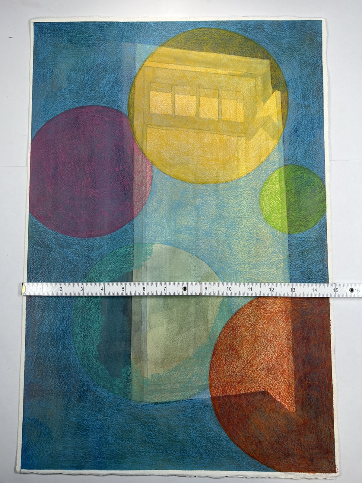 Mixed Media Painting Floating Door & Spheres In Space 22×15” Surreal Folk Art