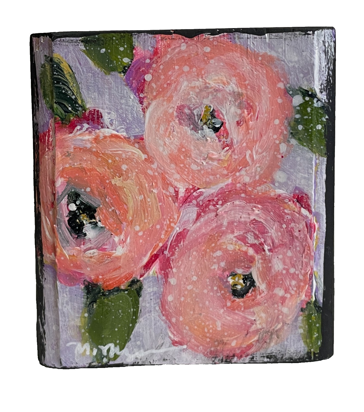 Vibrant Peony Blooms Mini Art Block Floral Painting Original pink