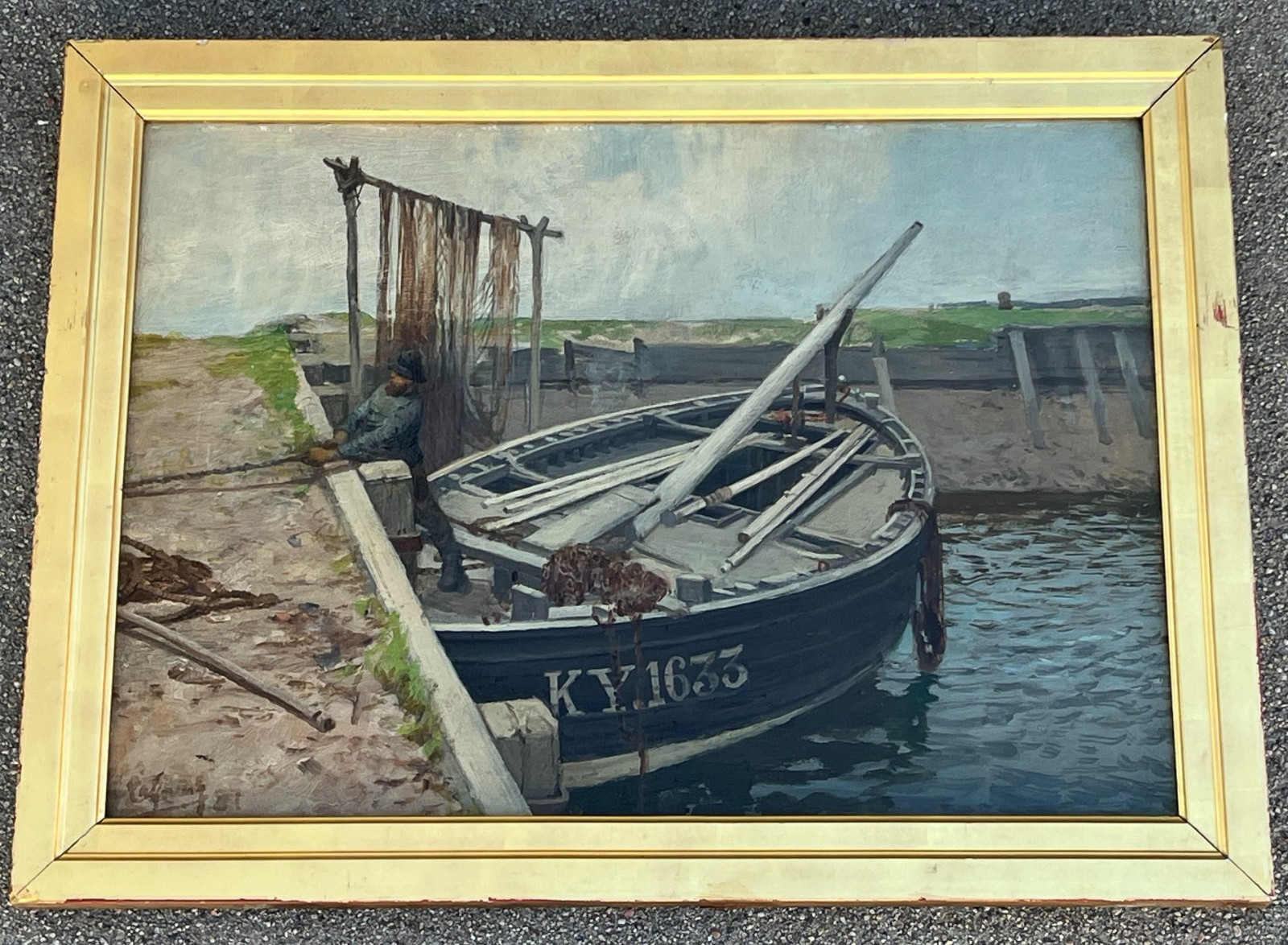 Antique European «Harbor scene with Figures» Dutch oil Painting on panel. Signed