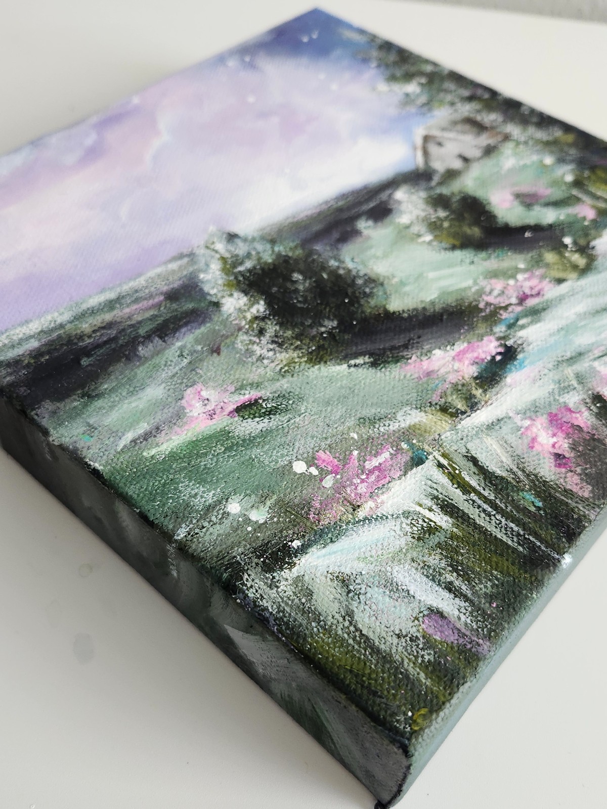 ORIGINAL Landscape Cottage In Meadow-Pink Flower-Night Sky-8×8″Acrylic Painting