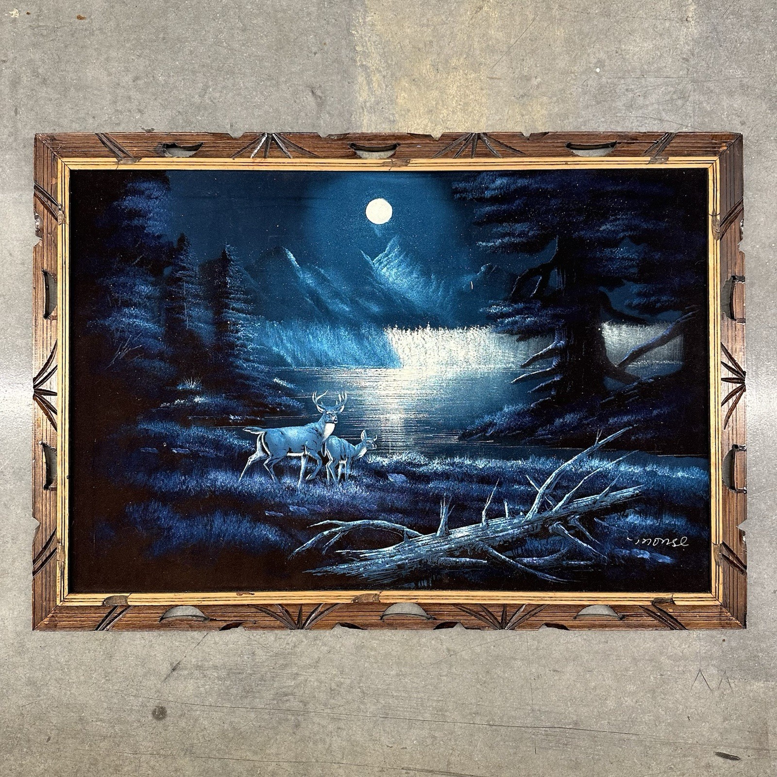 VTG Velvet Painting Carved Wood Framed Deer Scene Blue Black Glitter MCM Mexico