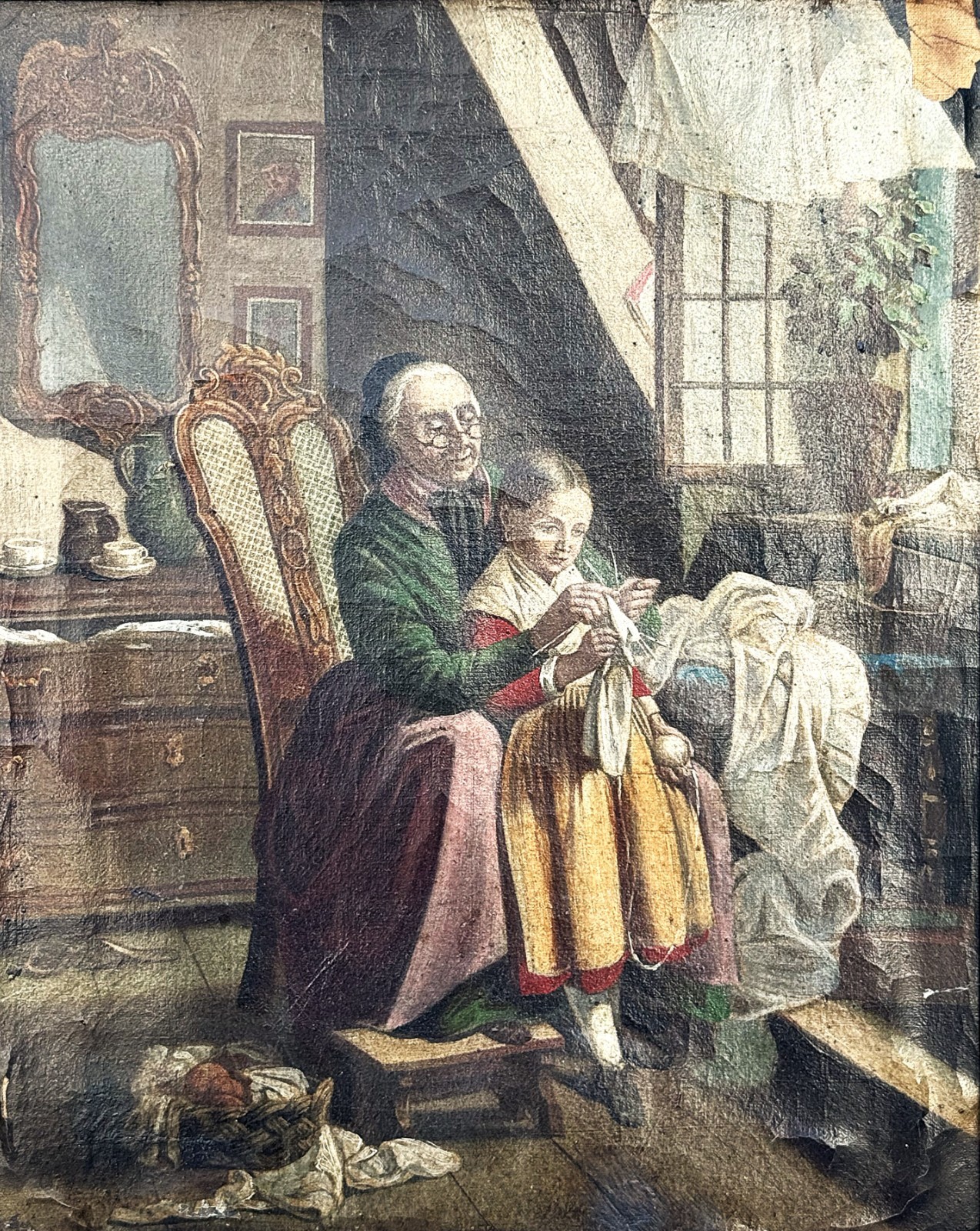 ANTQ Early 19th C German Munich School Interior Genre O/C «The Knitting Lesson»!