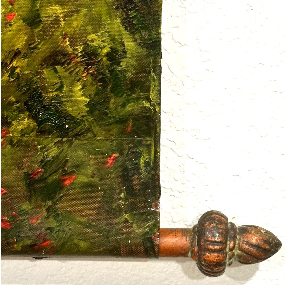 Wrought Iron Wall Hanging Hand Painted Oil Canvas Autumn Forest Scene 36” x 42”