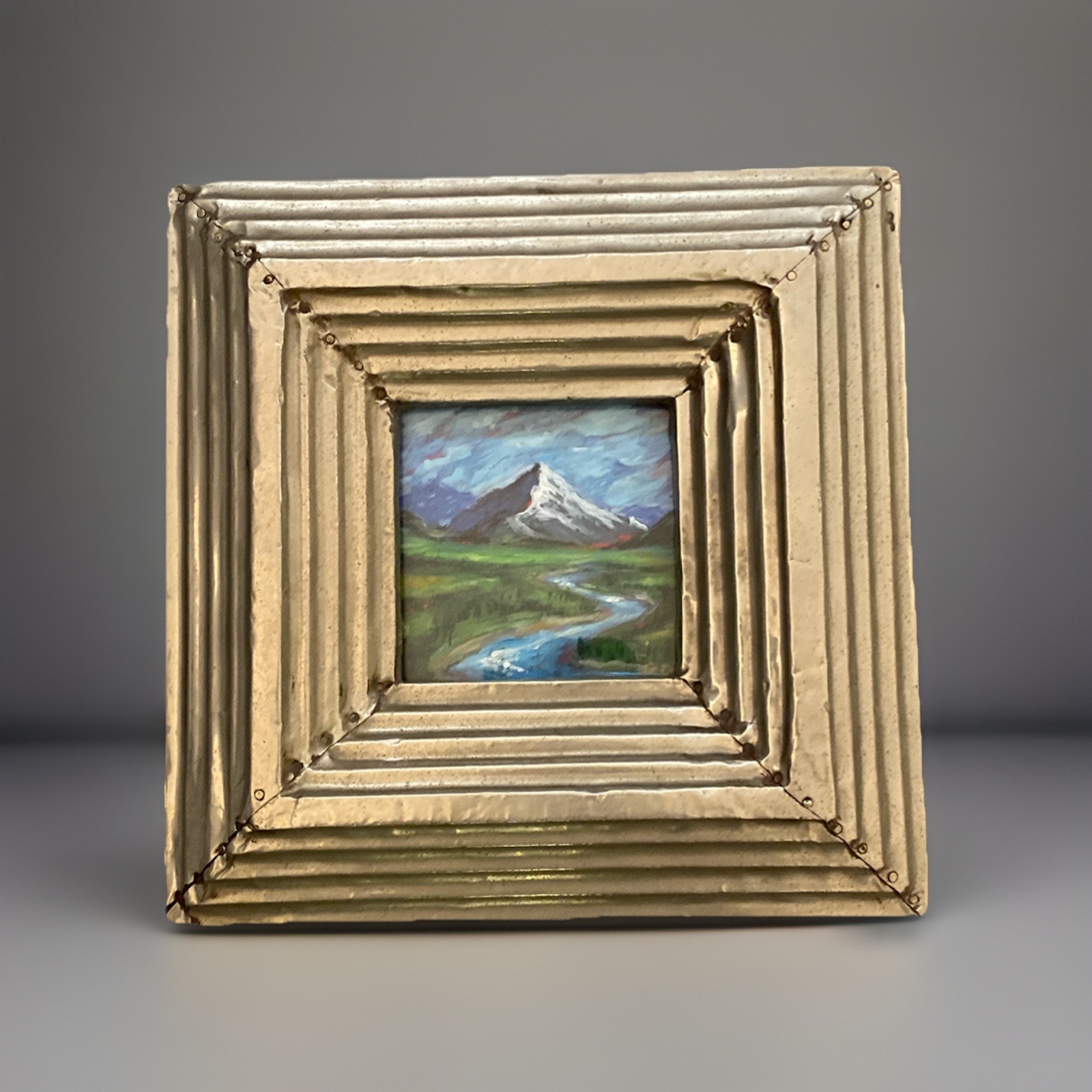 Vntg Small Landscape Painting Original Mountain River Handmade Metal Frame