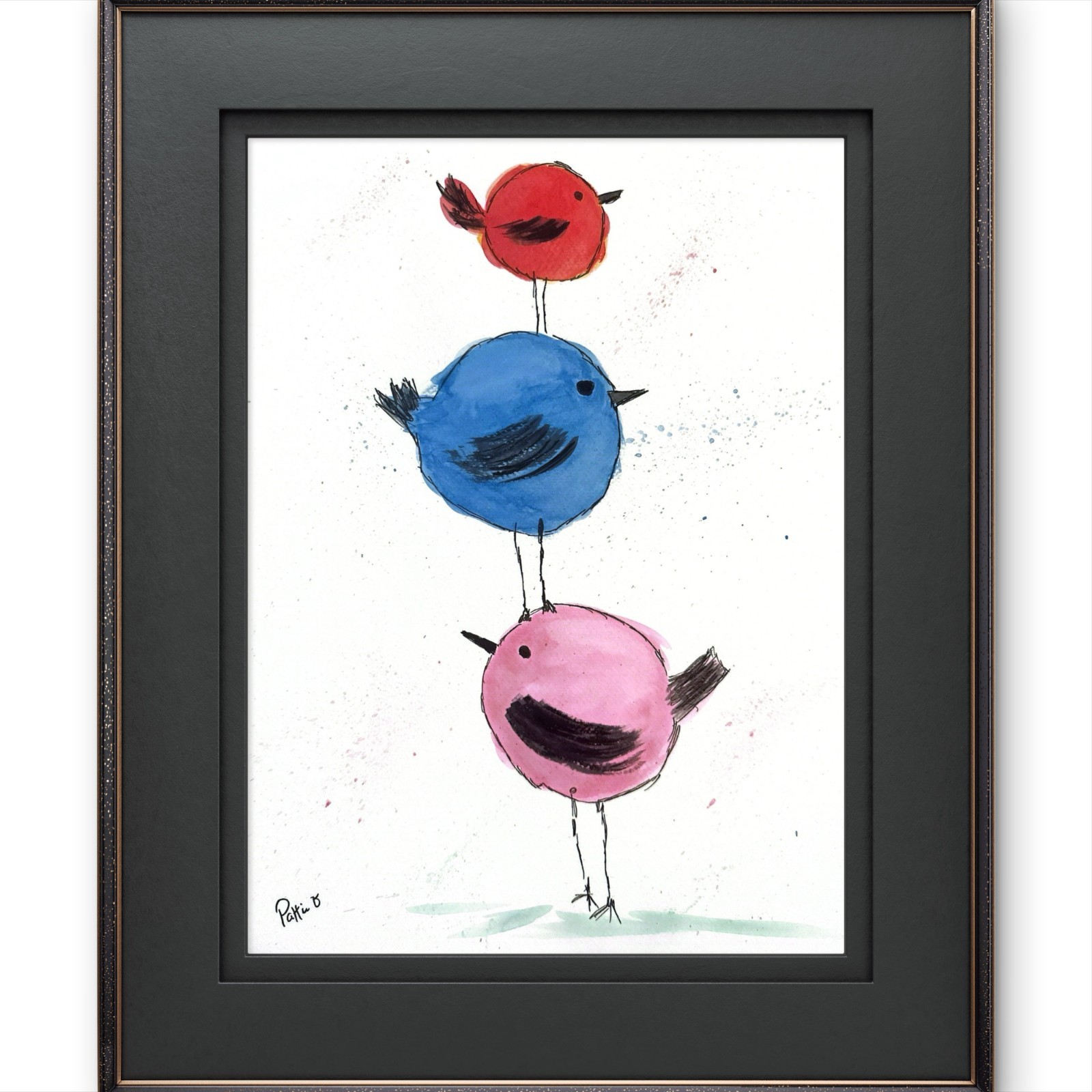 Birds Whimsical Watercolor Fine Art 15X11 Gallery Paper Signed Blue Pink Red