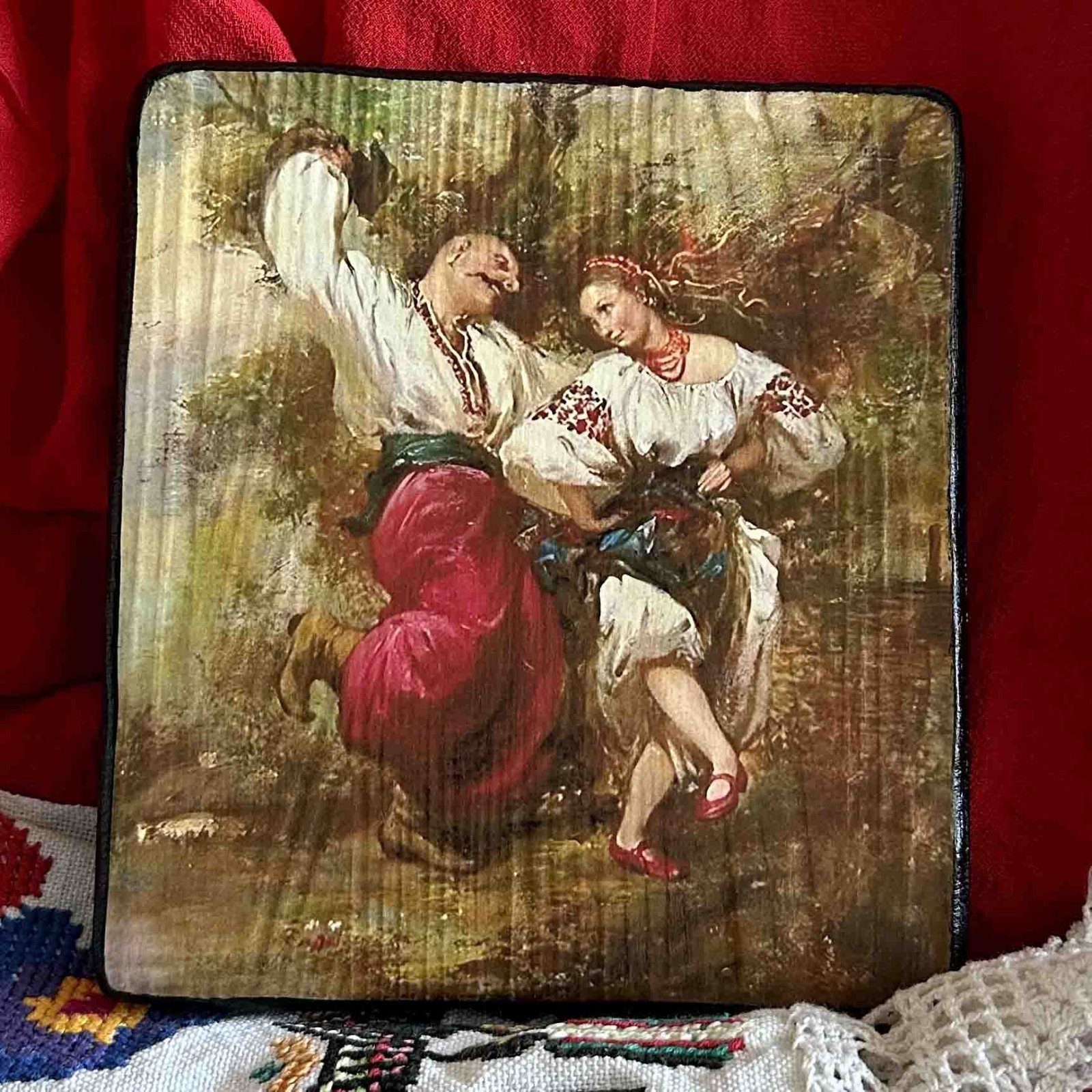 Ukrainian Folk Art Painting Wood Panel «Ukrainian Couple» Ethno Art of Ukraine