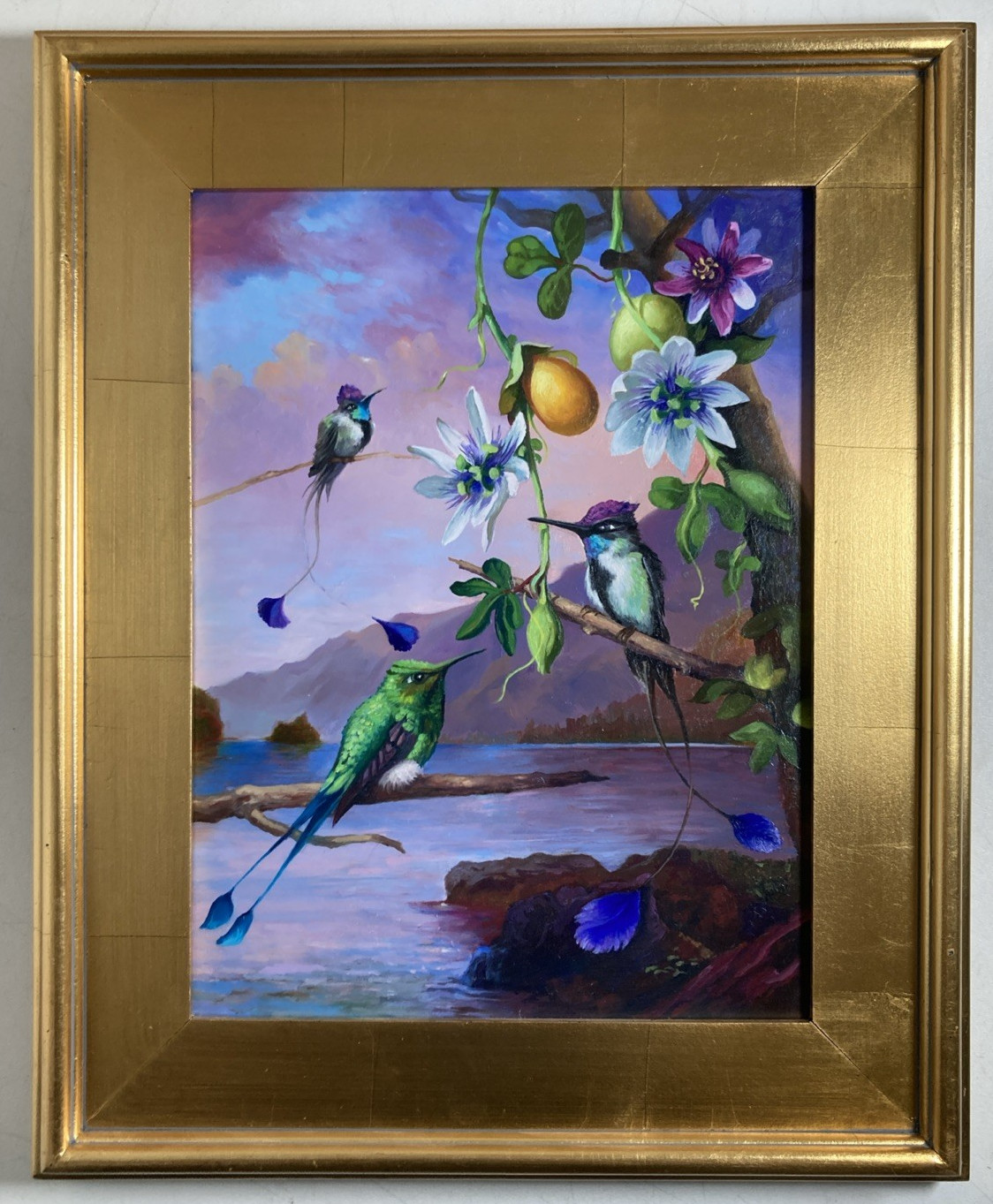 Vintage Original Acrylic Painting Exotic Birds Flowers Fruit Landscape Signed