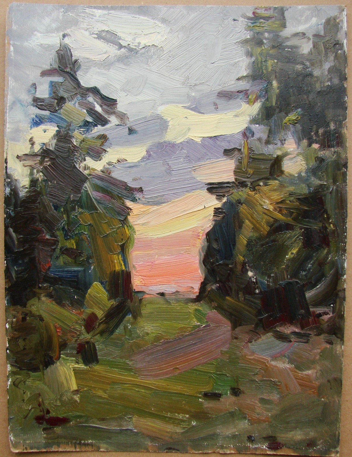 Ukrainian Soviet Oil Painting landscape impressionism forest sunset spruce trees