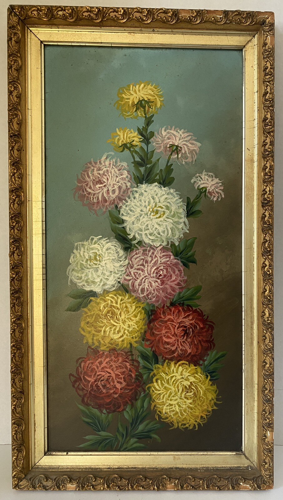 Vint. Orig. Flower Painting- Chrysanthemums, Oil on Wood Board, Unsigned, Framed