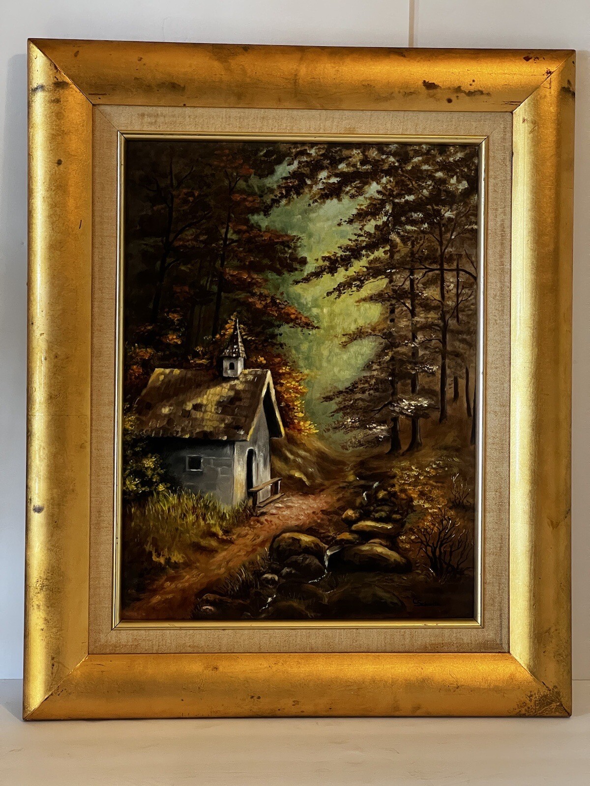 Mid Century Artist C Schultz Oil Painting Framed 12×16″ ‘Church In The Woods’
