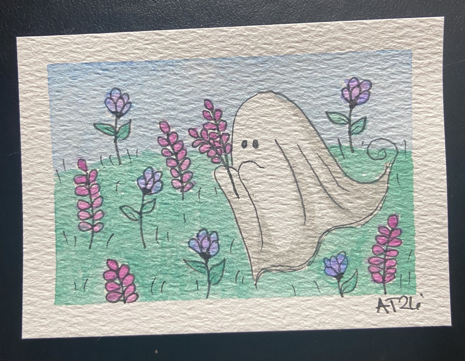 Ghost Picking Flowers ACEO Original Watercolor And Ink 2.5×3.5
