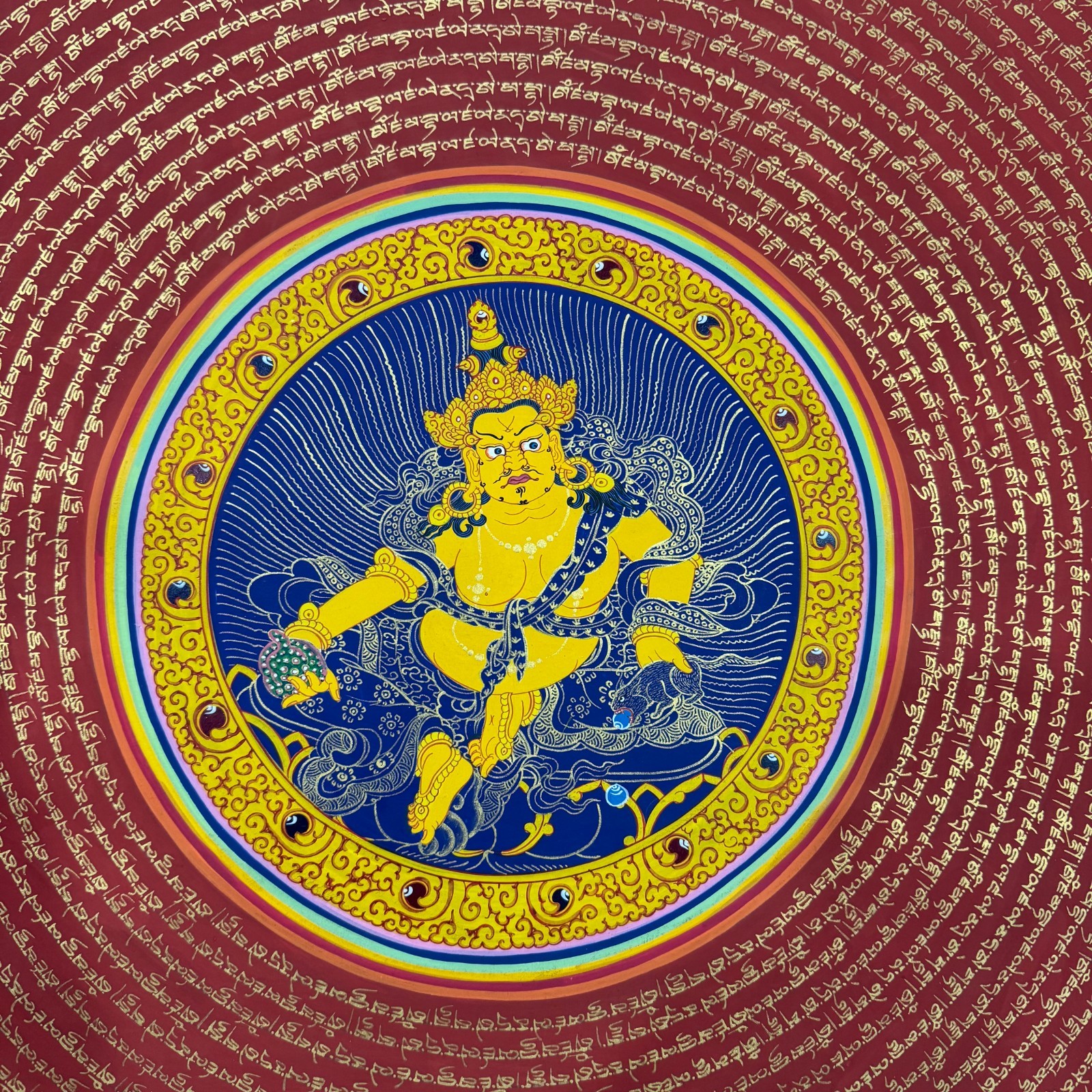 Large Size Dzambala Mantra Mandala Thangka – Hand-Painted Buddhist Wealth Deity