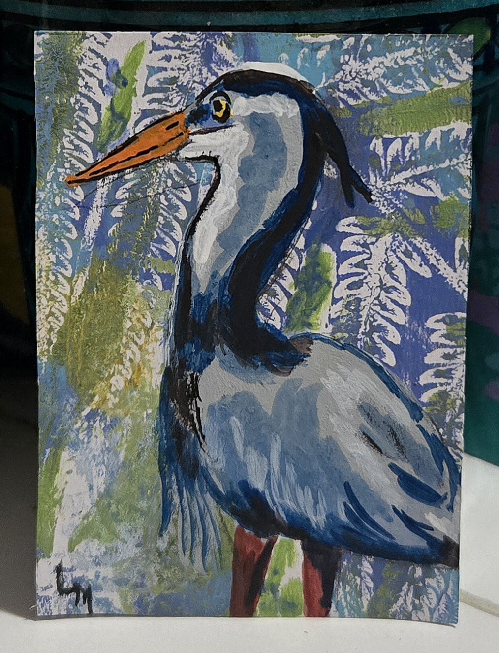 ACEO Original Art Painting Bird Great Blue Heron Wading Abstract Background OOAK