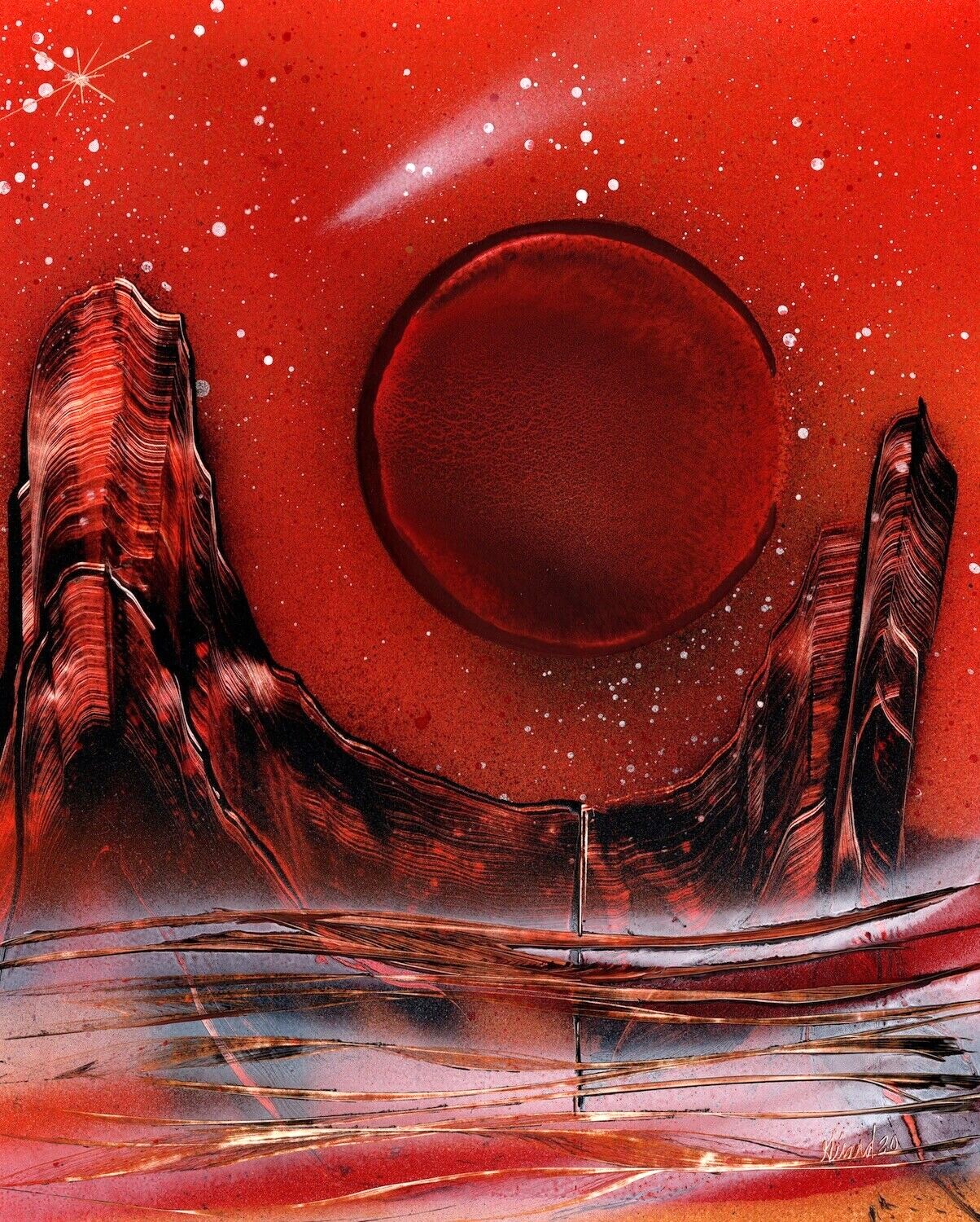 Painting of Tall Column and Dark Red Sphere Signed by artist Jason Girard