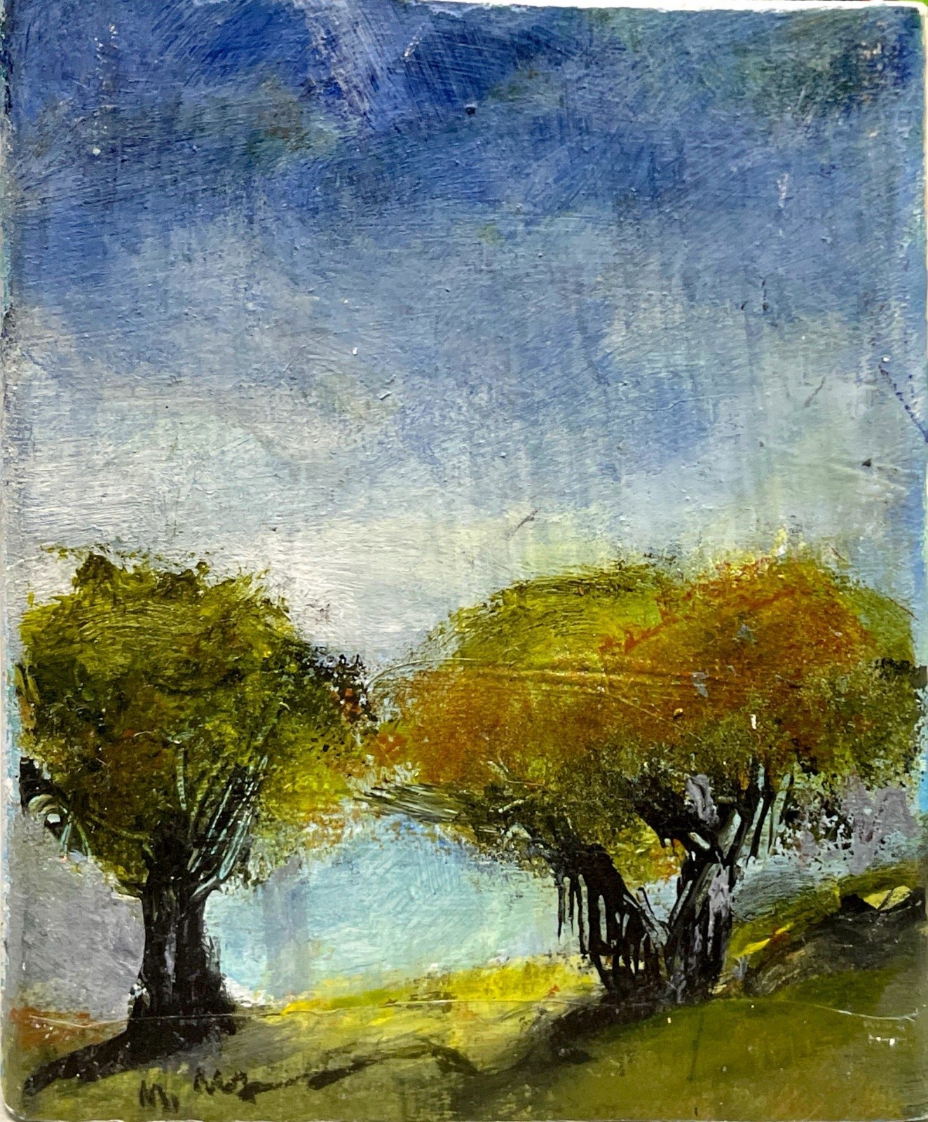 Early Autumn Trees Hillside fine art Original Mini Art Block by Mary Myers