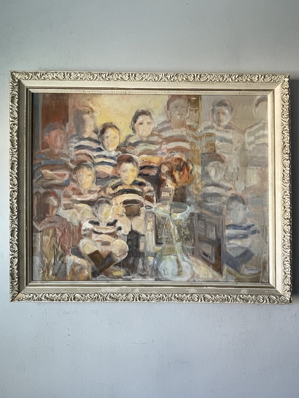 FLORENCE CONRAD VINTAGE MODERN ABSTRACT OLD FOOTBALL TEAM OIL PAINTING COLLAGE