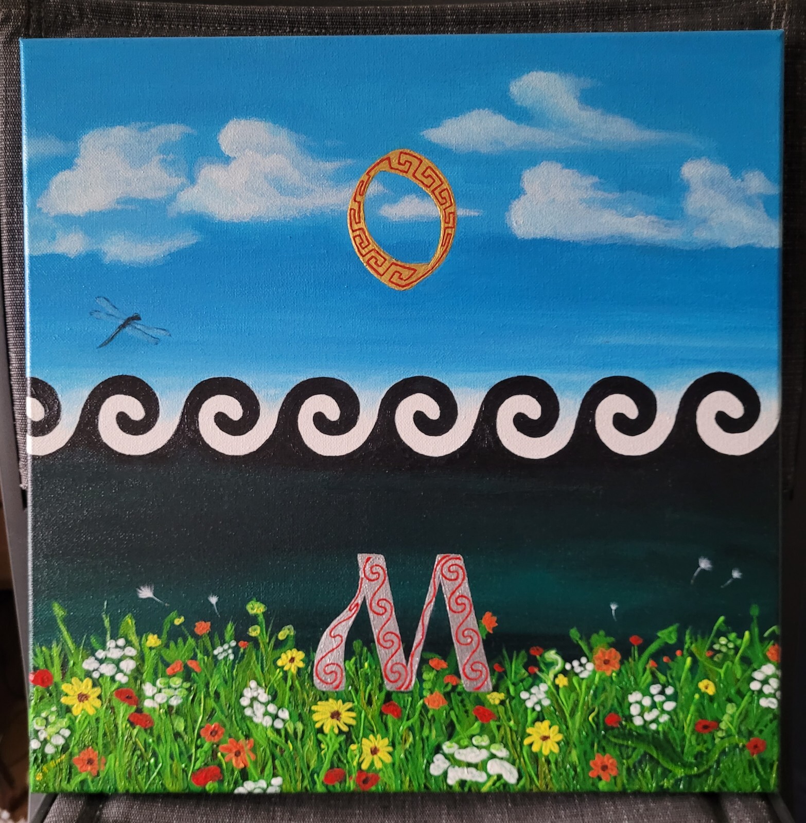 OM- sund of creation. Original acrylic painting on canvas, framed (16×16 inch).