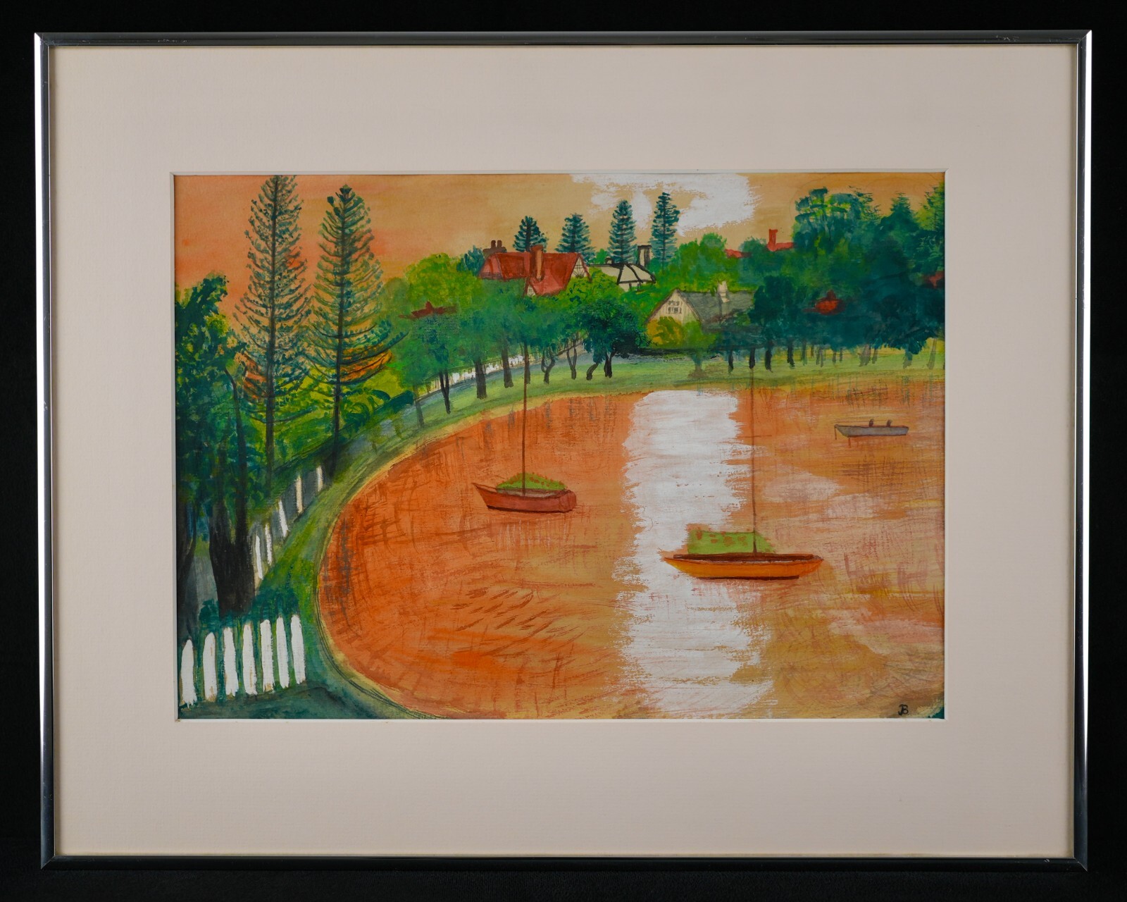 Vintage Framed Original Folk Art Landscape Gouache on Paper «Summer Lake View»