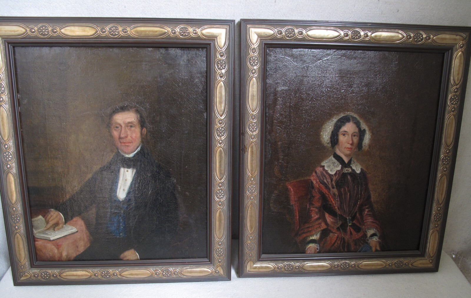 Antique Pair of Folk Portrait Oil Paintings Husband & Wife by W. Hills 1856
