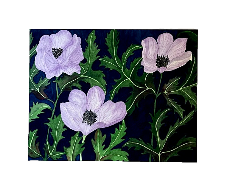 PAINTING WATERCOLOR POPPY FLOWER LAVENDER PURPLE 11X14 & DOUBLE WHITE MAT 16X20