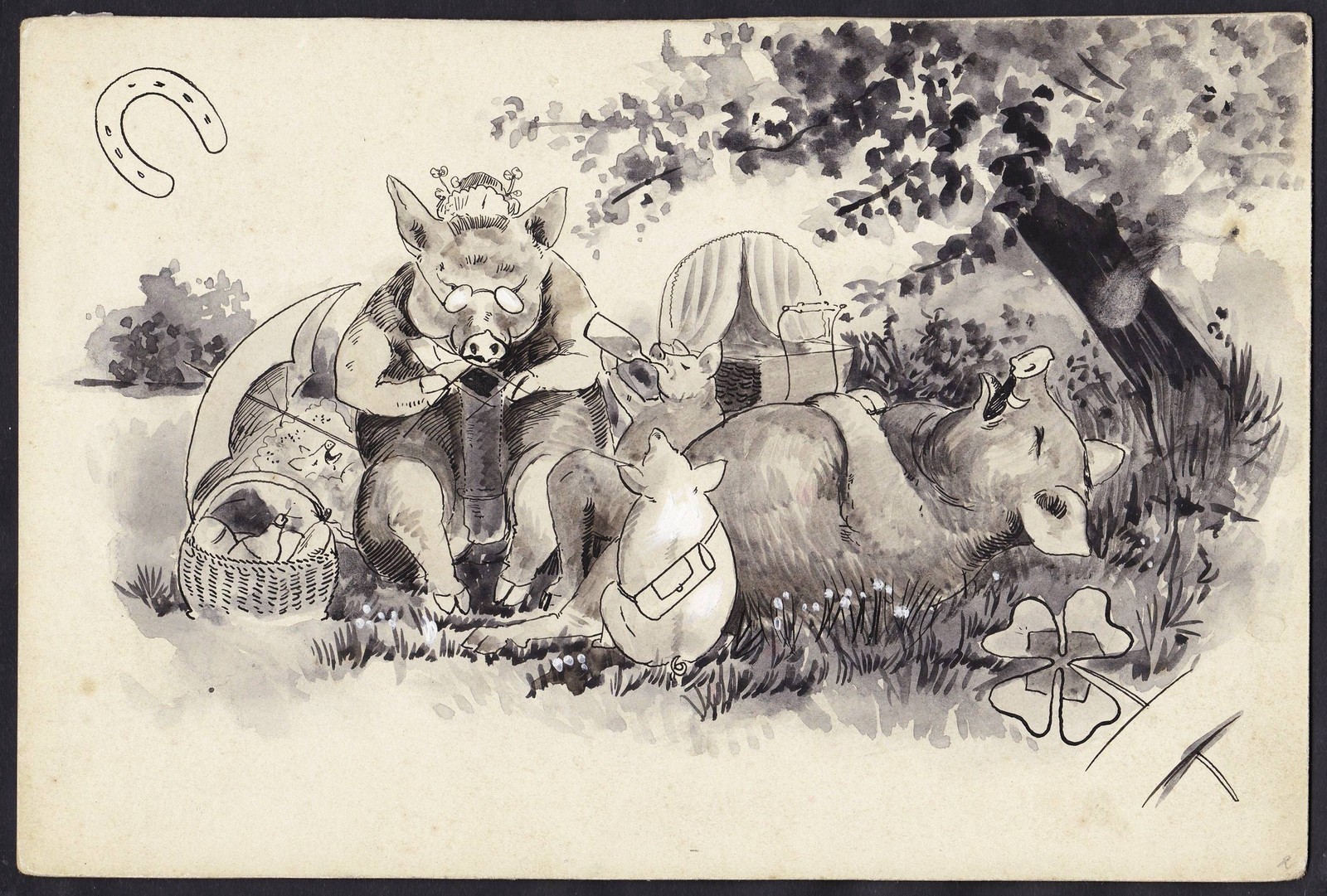 Pig picnic drawing cartoon caricature drawing design 1920