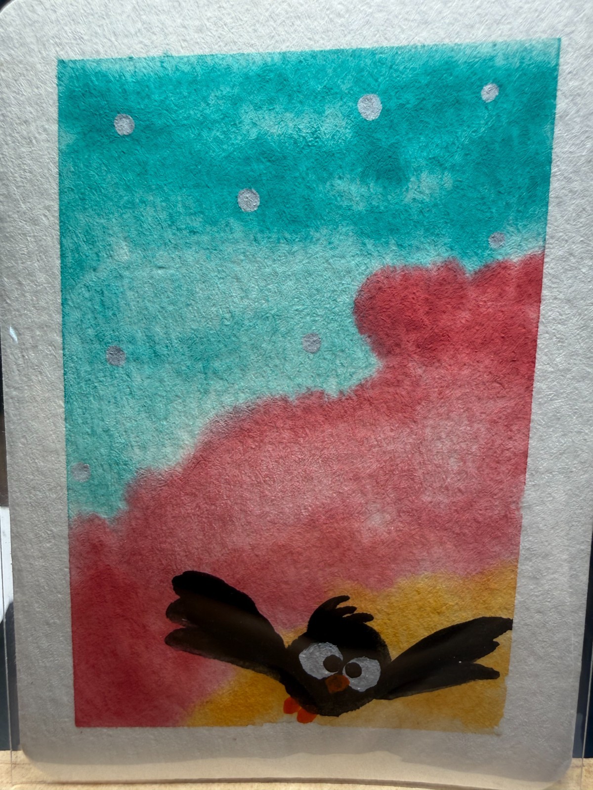 ACEO Original OOAK Signed (Not a Print) «Mid-Flight» Funny Bird & Sky Art Card
