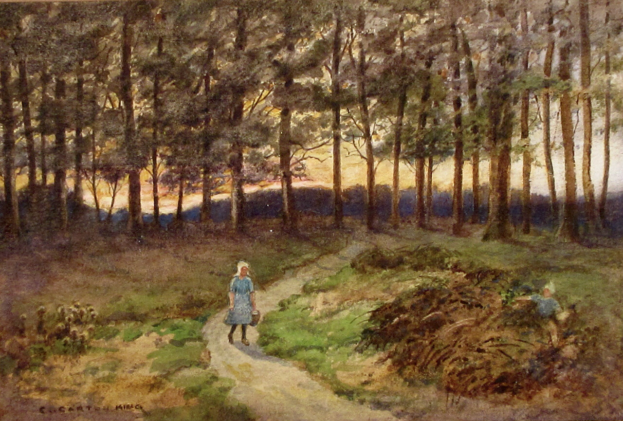 Vintage English Watercolor, Gathering Blackberries in Sussex, Landscape, Signed