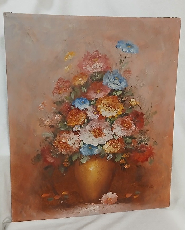 Pink Flowers Still Life Realist Acrylic on Canvas 24″ X 20″ Signed by Stone