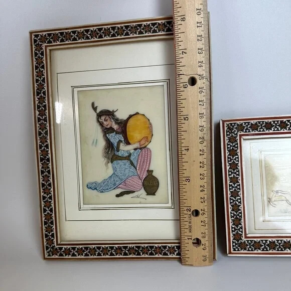 VTG Persian Camel Bone Art Mosaic Framed Art Set of 2 Beautiful