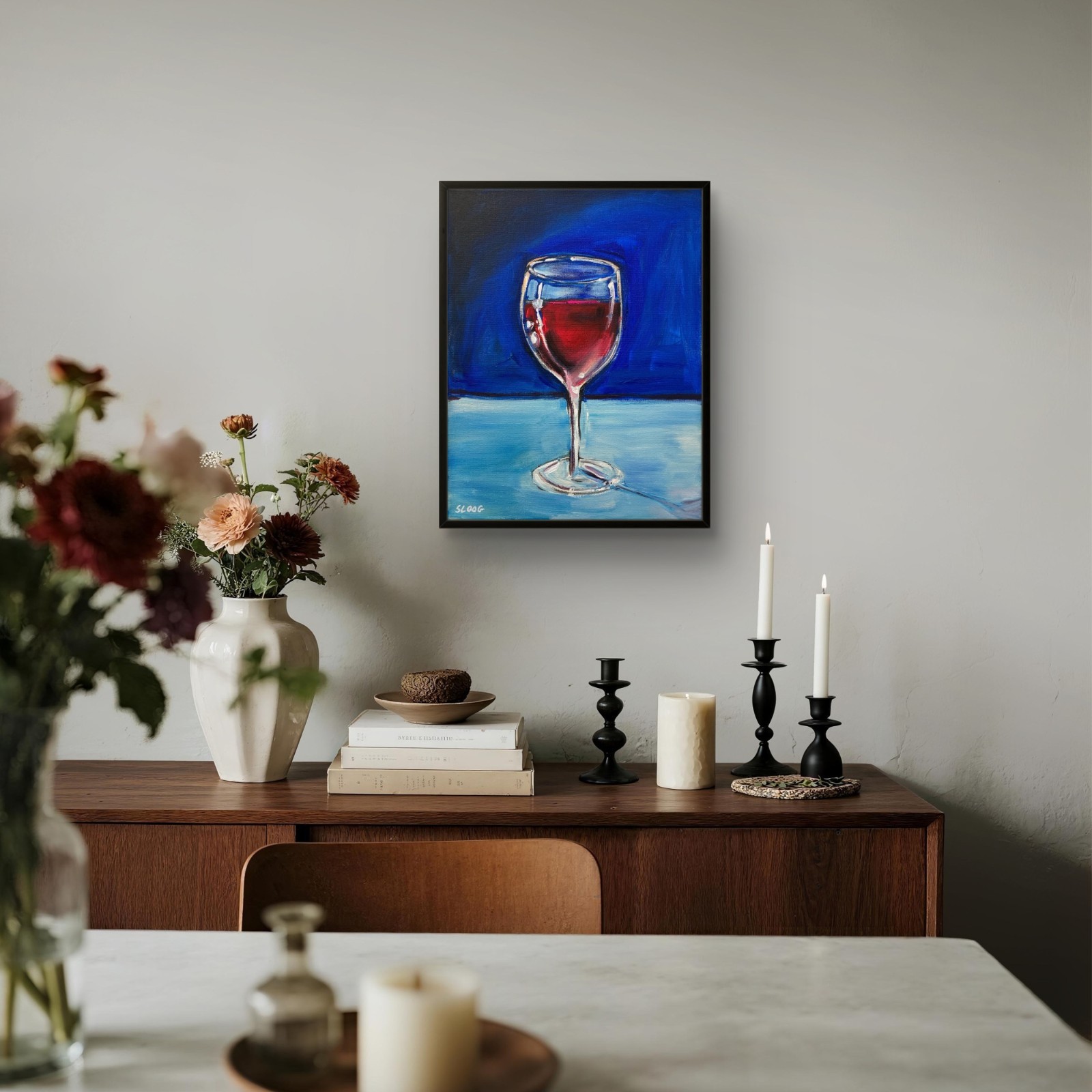 SLOOG Original Art Bold Color Modern Still Life Painting 11×14 Glass of Wine