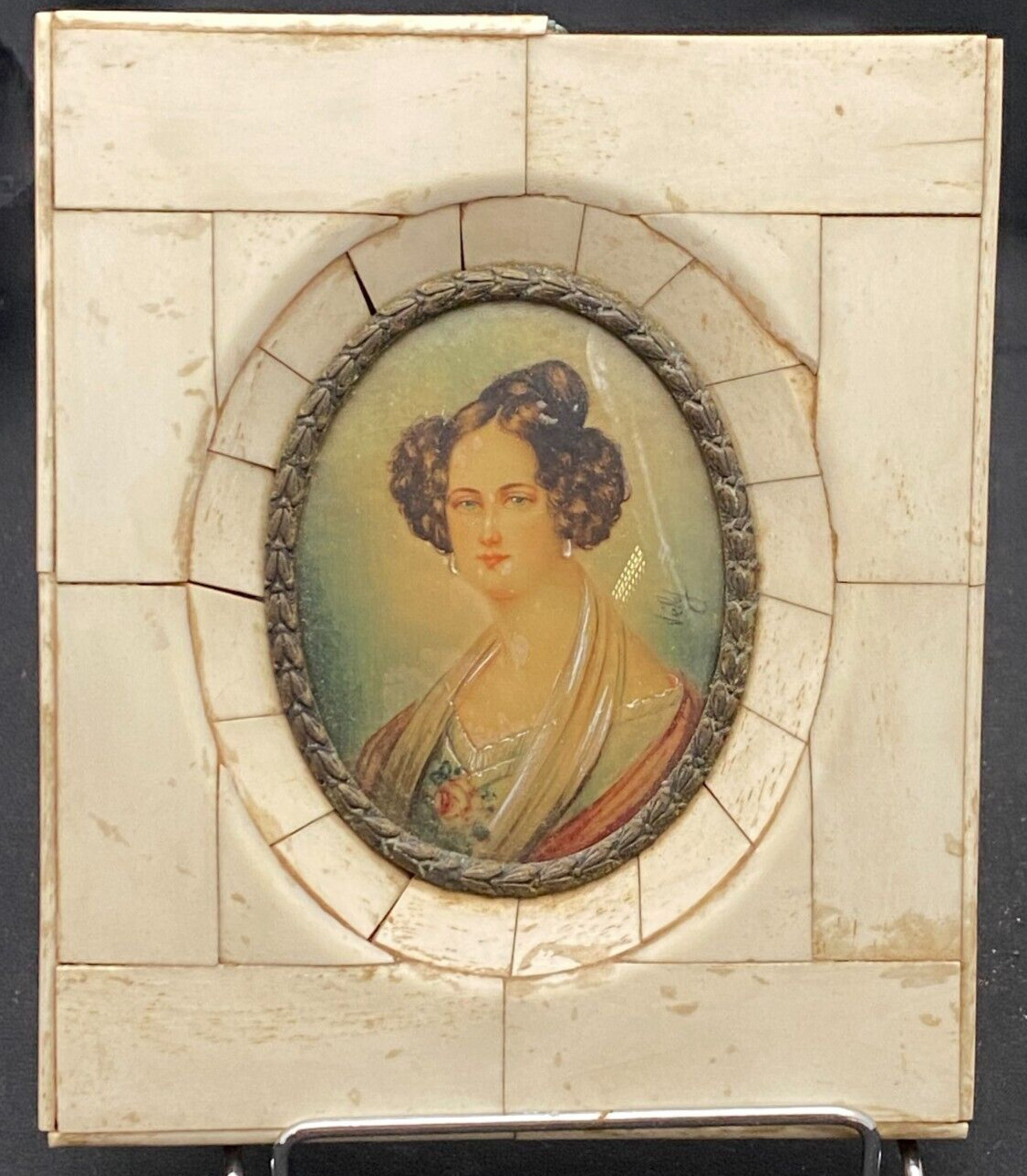 ANTIQUE ANATOLE VELY MINIATURE PAINTING PORTRAIT, FRAMED, SIGNED, c1860