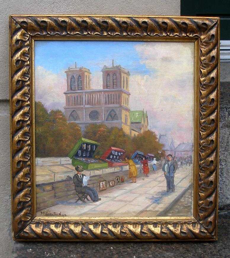 Per Gravfort (1920) Fine cityscape. Bouquinistes of Paris. Dated 1957.