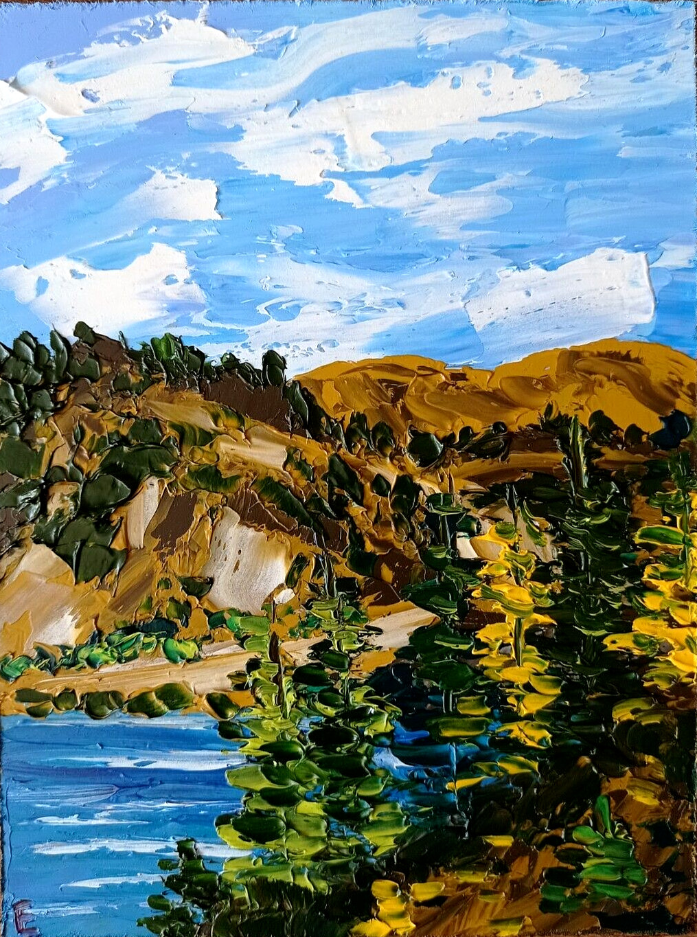 Original Oil Painting River Hills Forest Landscape Art Wall Decor size 8 x 6″