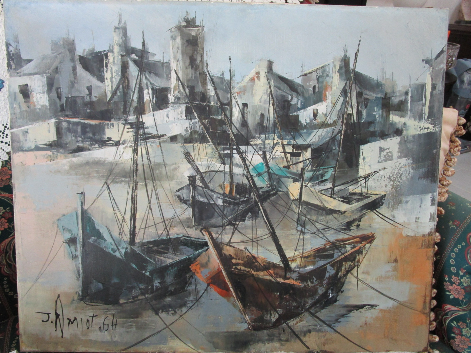 JEAN AMIOT FRANCE BRETAGNE OIL ON CANVAS BOATS 23 X 29, NO FRAME