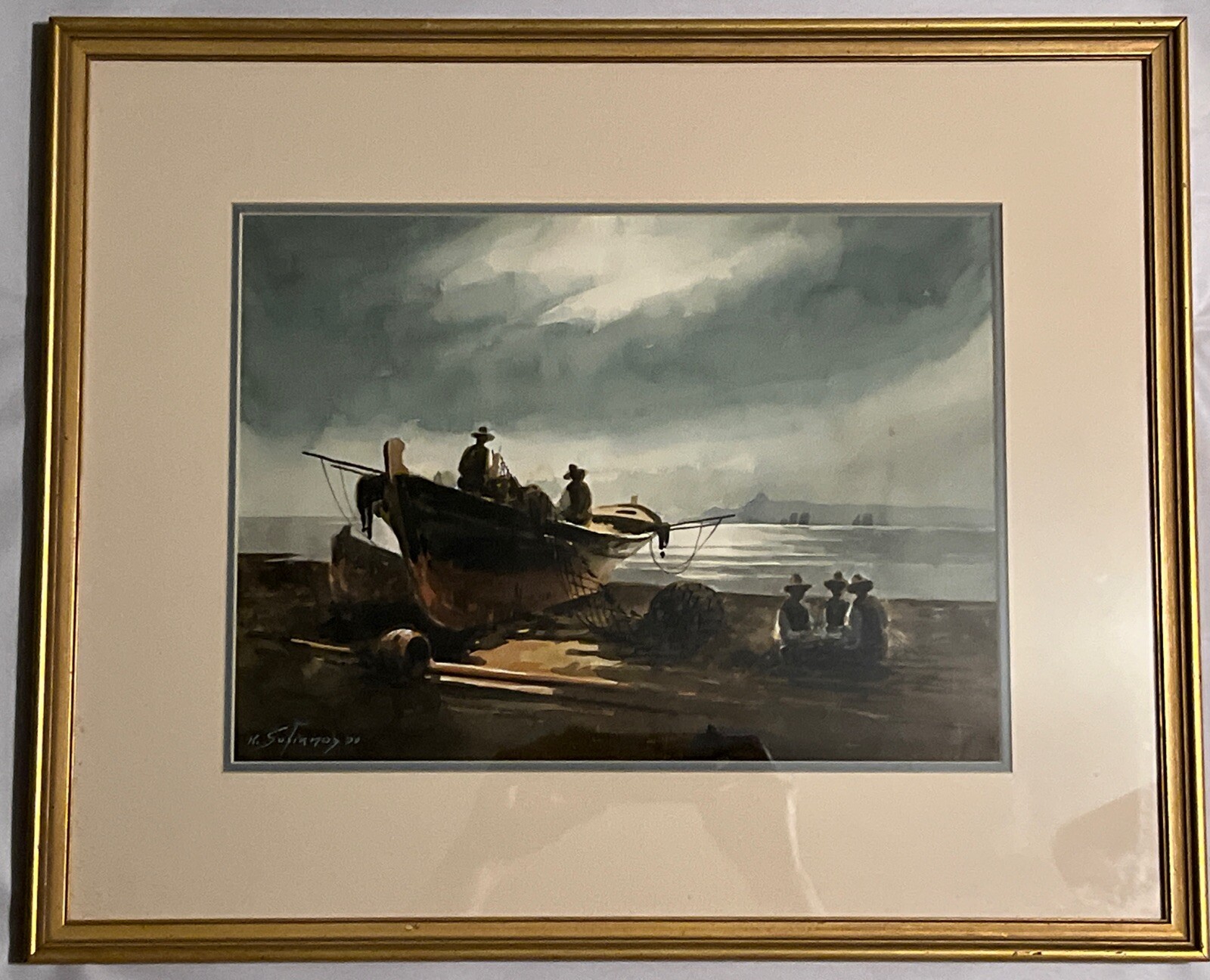 Konstantinos Sofianopoulos Original Watercolor Fishermen On The Beach Framed