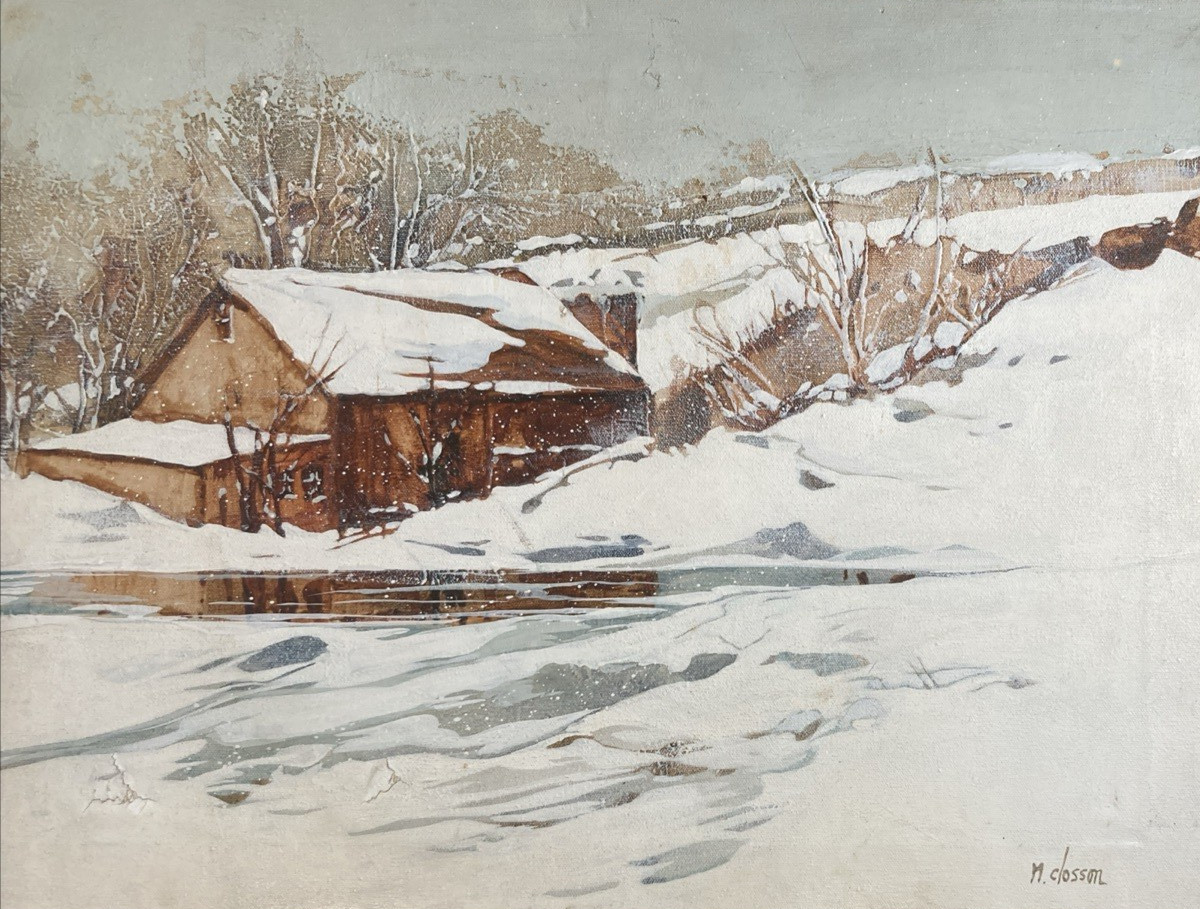 Vintage Original Oil Painting Cold Snowy Mountain Cabin Landscape Trees Signed