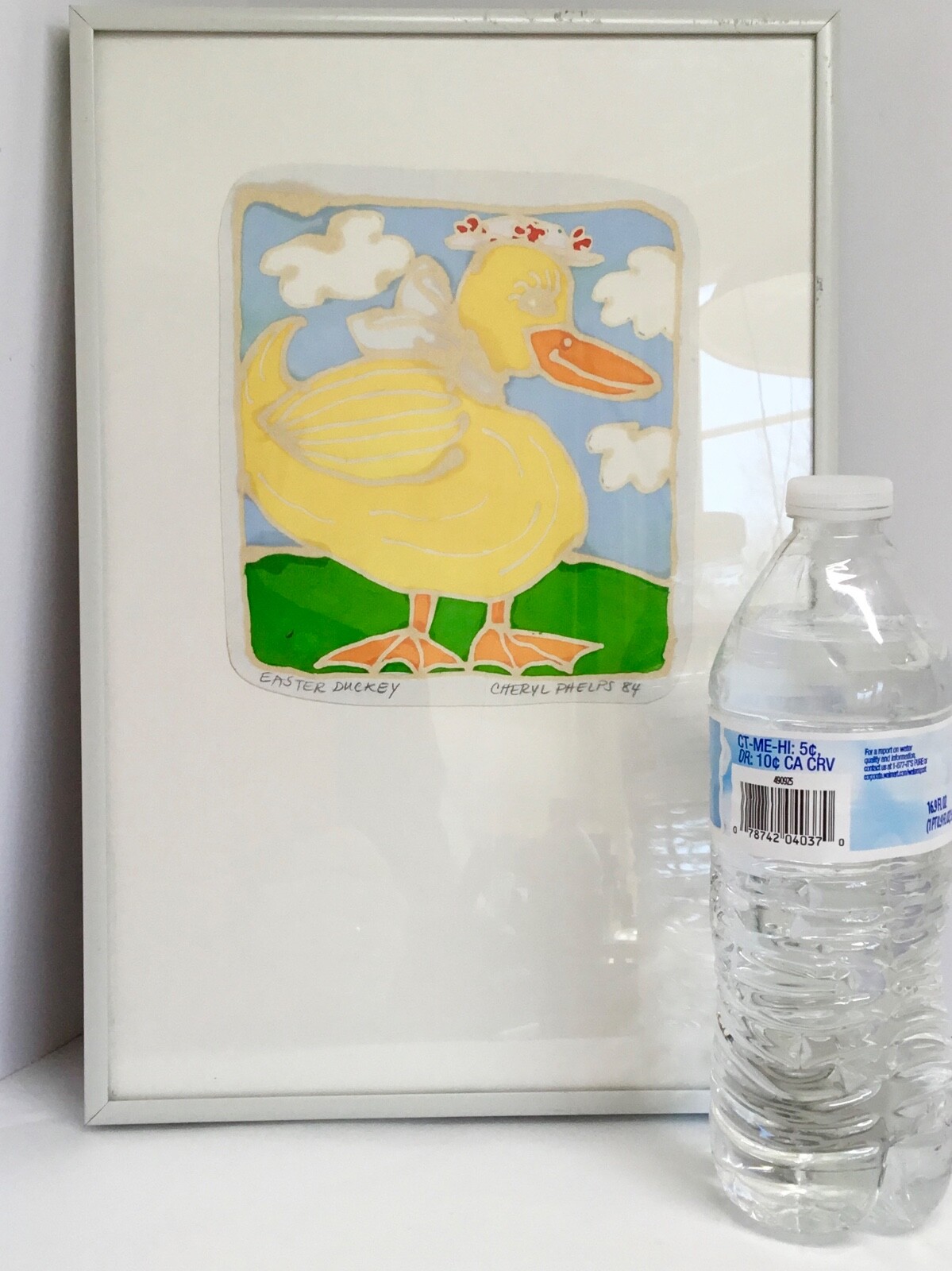 Painting signed green blue yellow glass wax resists framed dated white