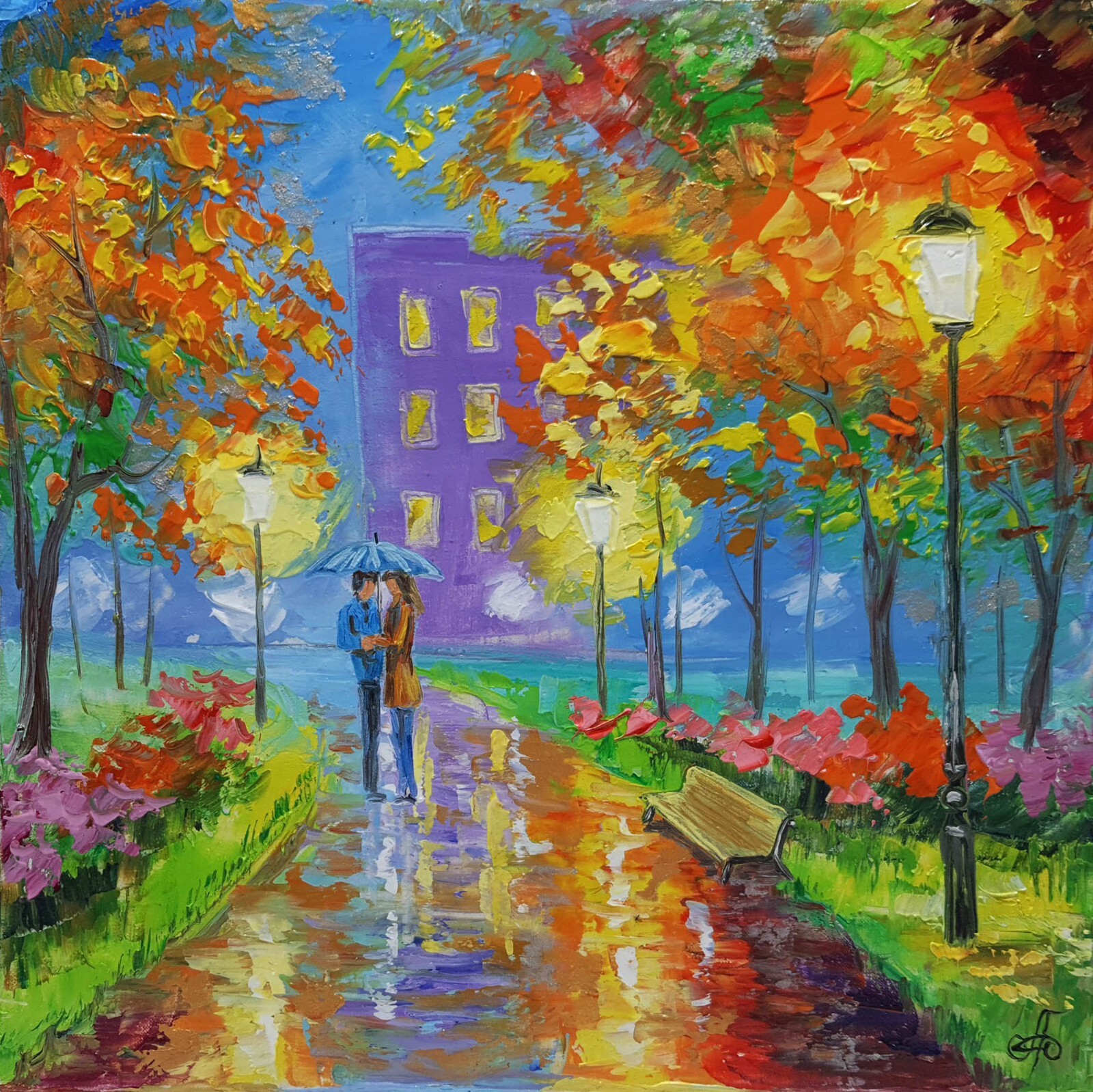 Autumn Park Ukraine Artist Original Oil Hand Painted Signed Wall Art Decor Gift