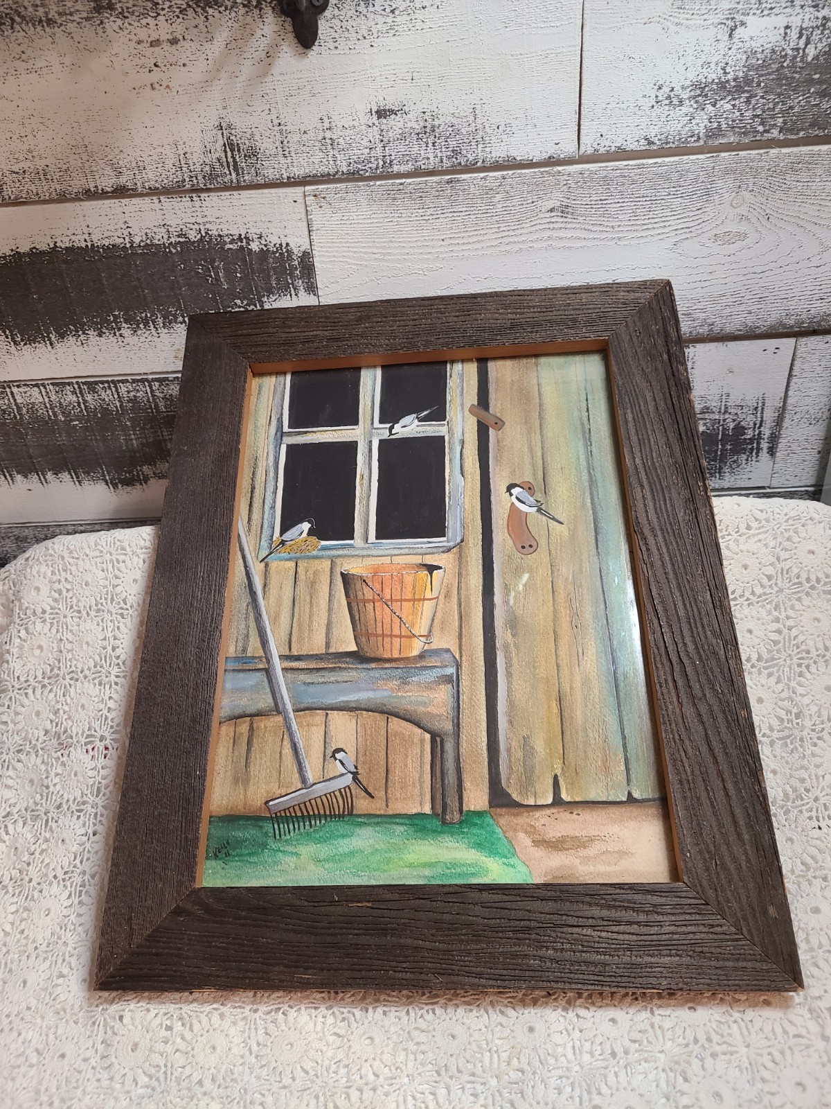 Country Barn & Birds Painting OOAK Signed By Artist KELLY 2011 Barn Wood Frame