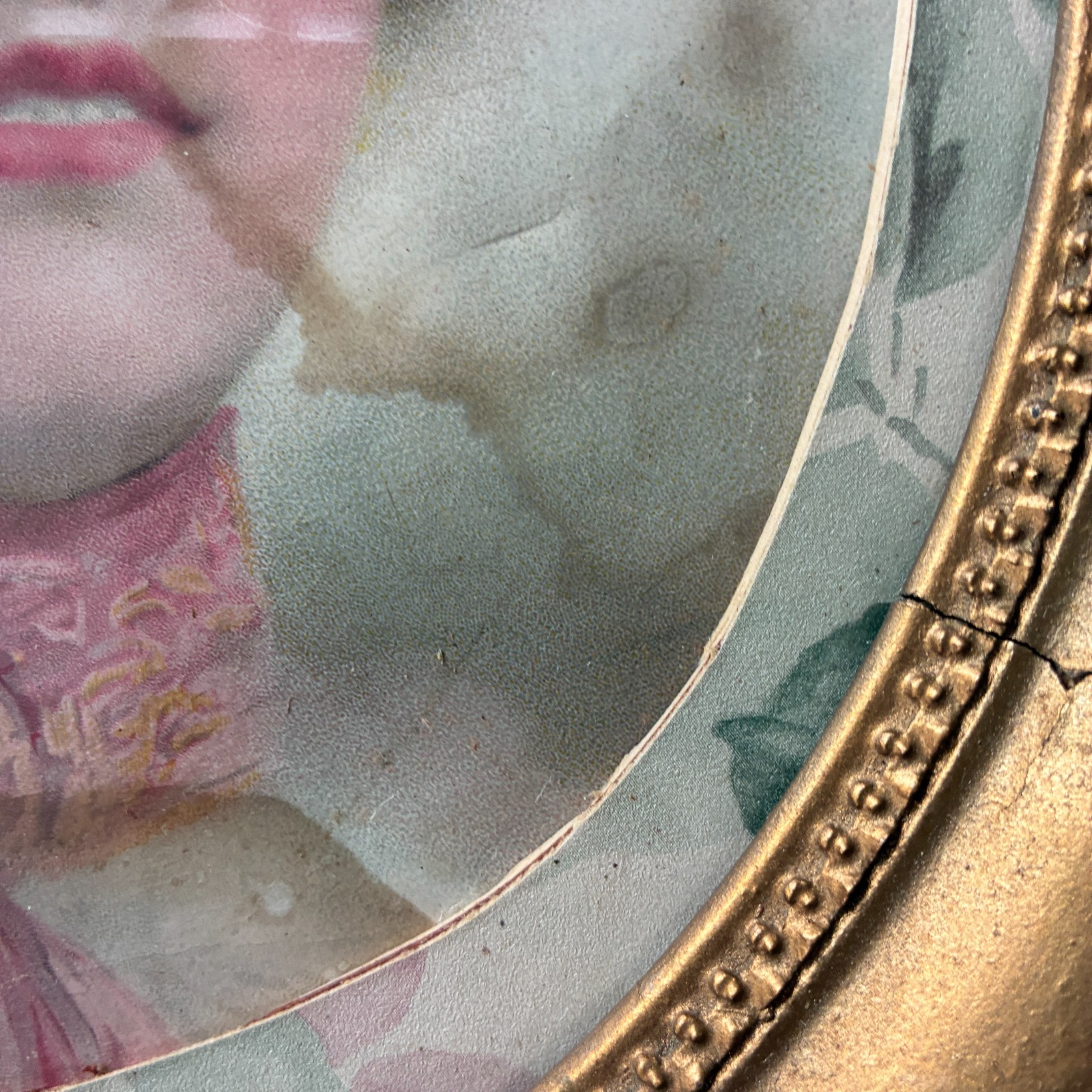 Antique Victorian Oval Woman Portrait Print Ornate Frame Gold Painted Wood Litho