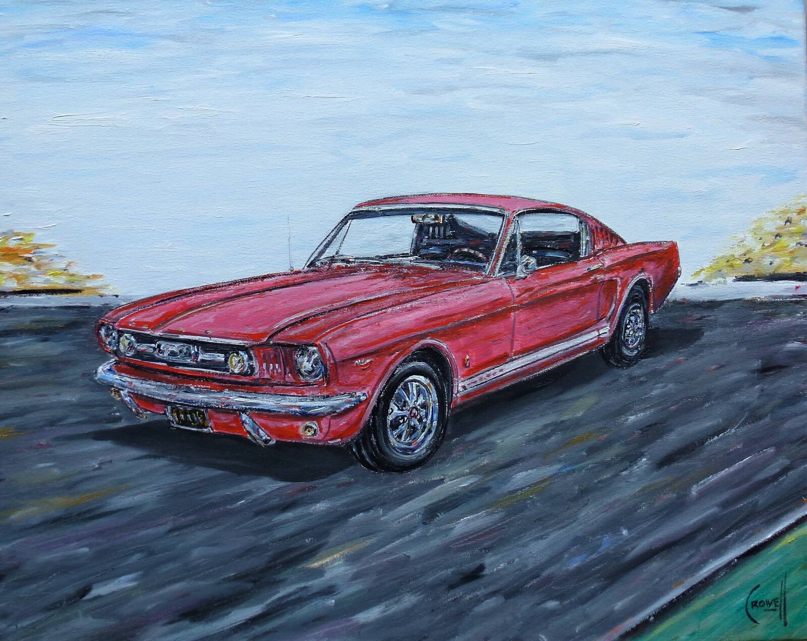 1966 RED Mustang Fastback Classic oil painting BIG 16×20 original signed Crowell