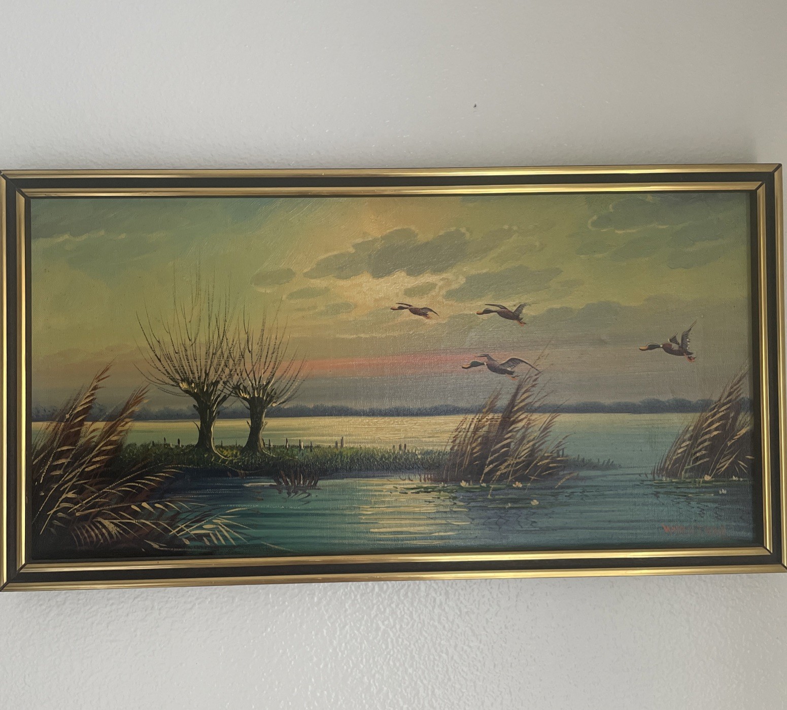 Original Mertens Signed Oil On Canvas-Mallard Ducks Flying Over Bay Framed 14×25