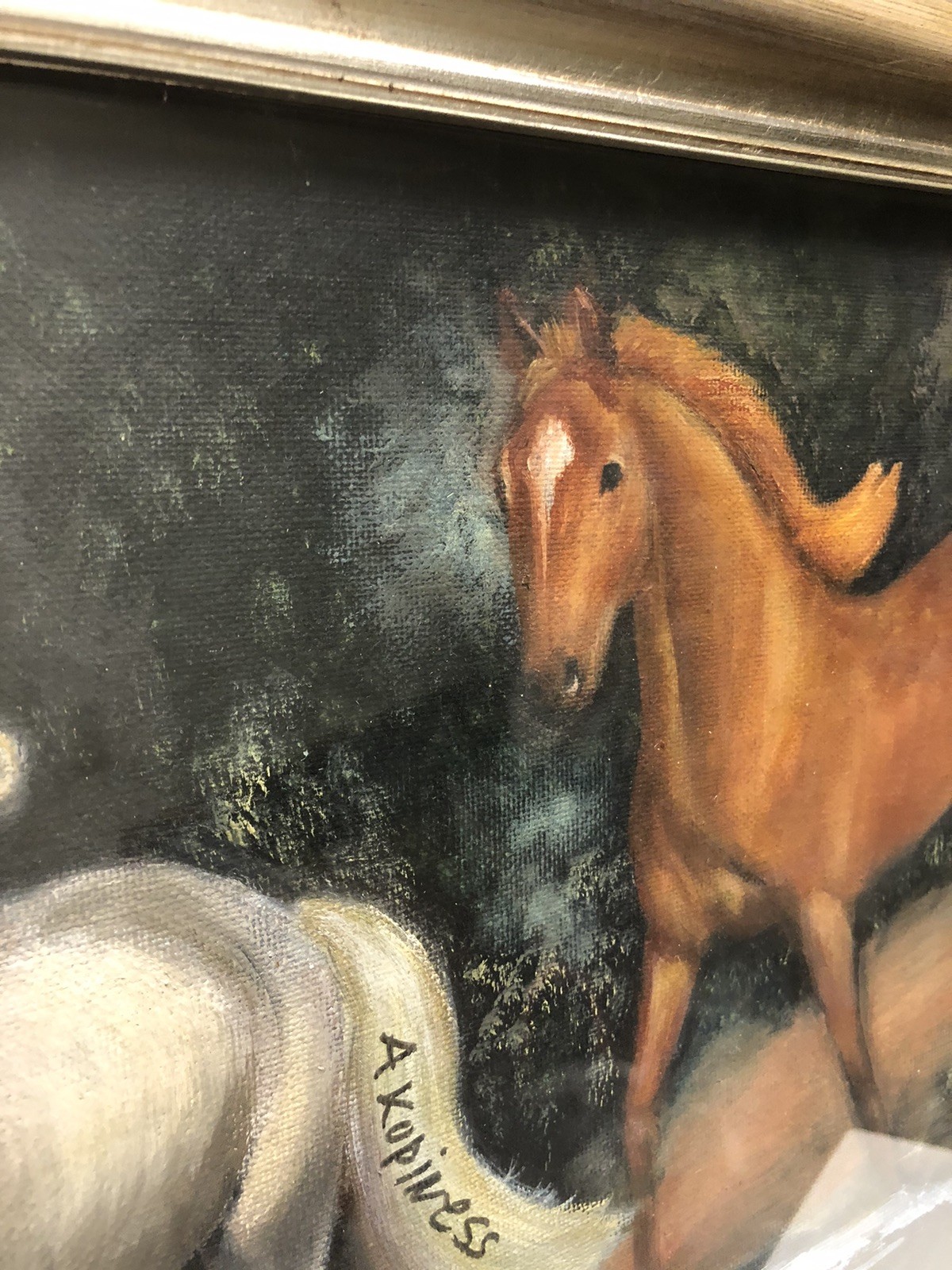 VTG Original Signed Oil On Canvas Painting Two Horses Wading In Water Framed 17”