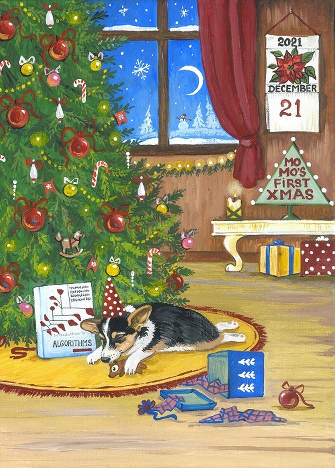 ACEO PRINT OF PAINTING PEMBROKE WELSH CORGI FOLK RYTA XMAS TREE HOLIDAY GIFT