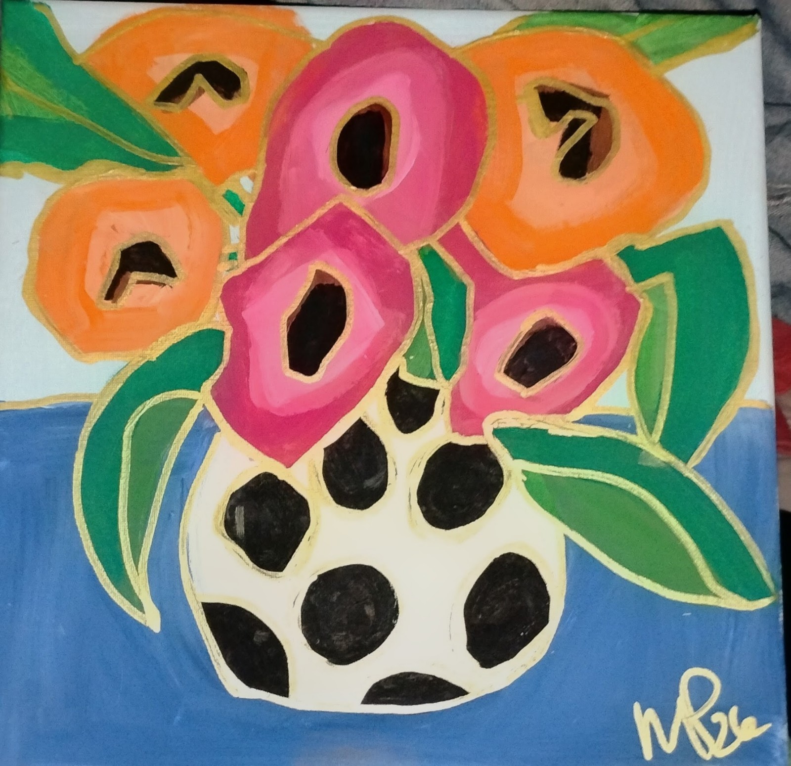 Pink and Orange Poppies, 12×12 original acrylic painting